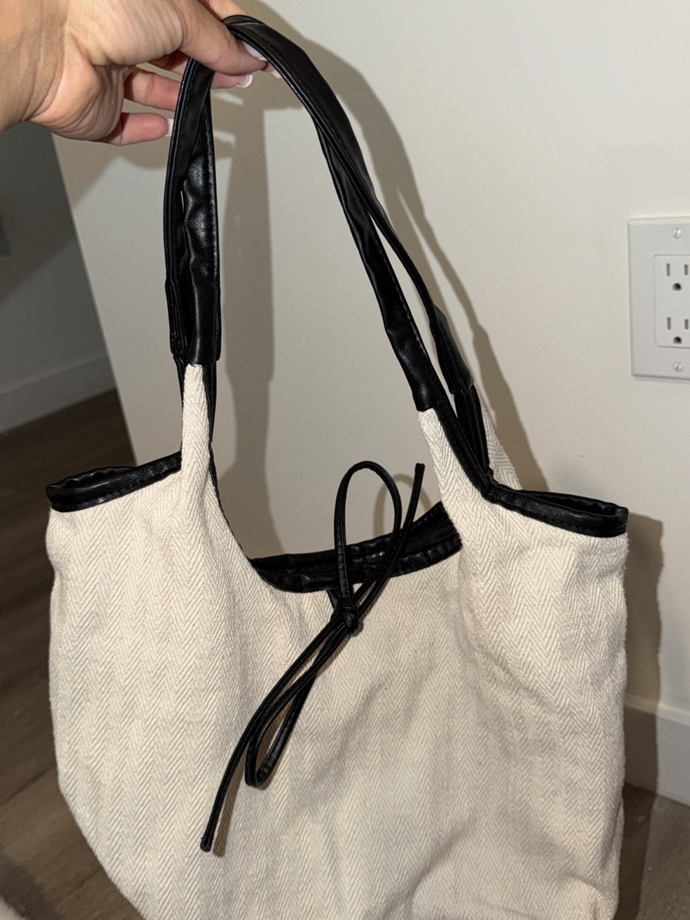 Canvas Tote Bag with Black Trim - Elegant Neutral Shoulder Bag - Picture 2 of 3